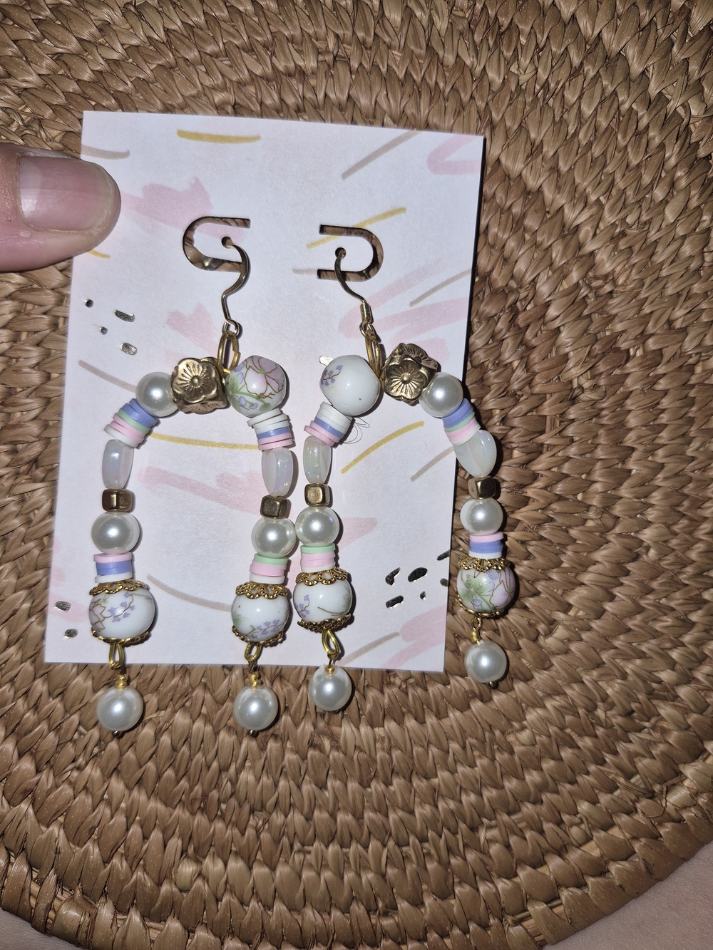 Handmade Pastel Beaded Pearl Drop Earrings - Gold Accents